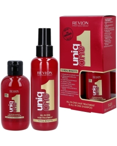 REVLON Uniq One plaukų priežiūros rinkinys: regeneruojamoji priemonė 150 ml + šampūnas 100 ml